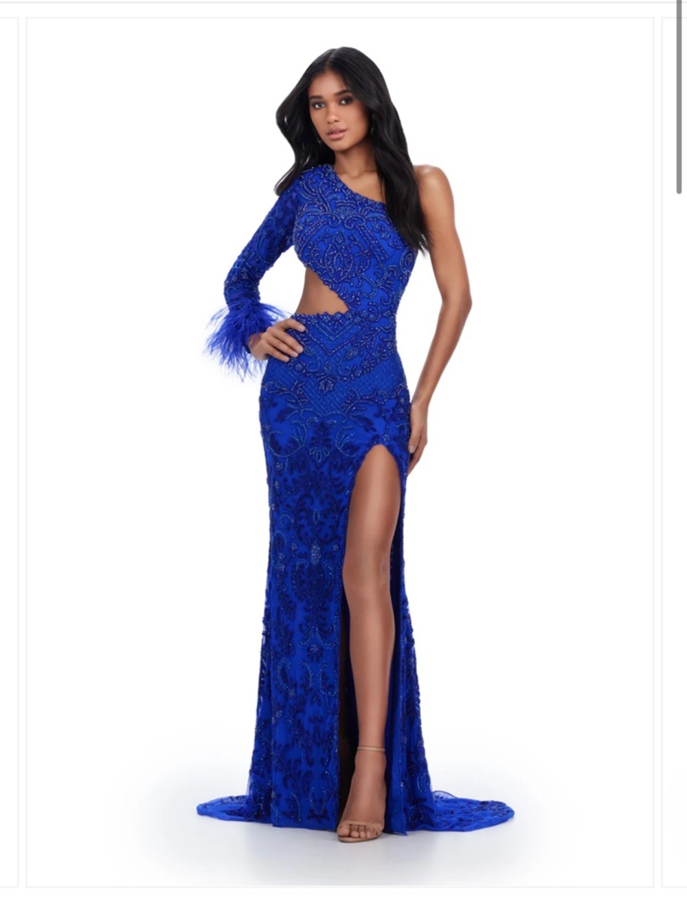 One-Shoulder Royal Blue Embellished Evening Gown